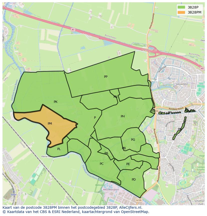 Afbeelding van het postcodegebied 3828 PM op de kaart.