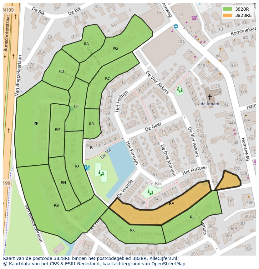 Afbeelding van het postcodegebied 3828 RE op de kaart.