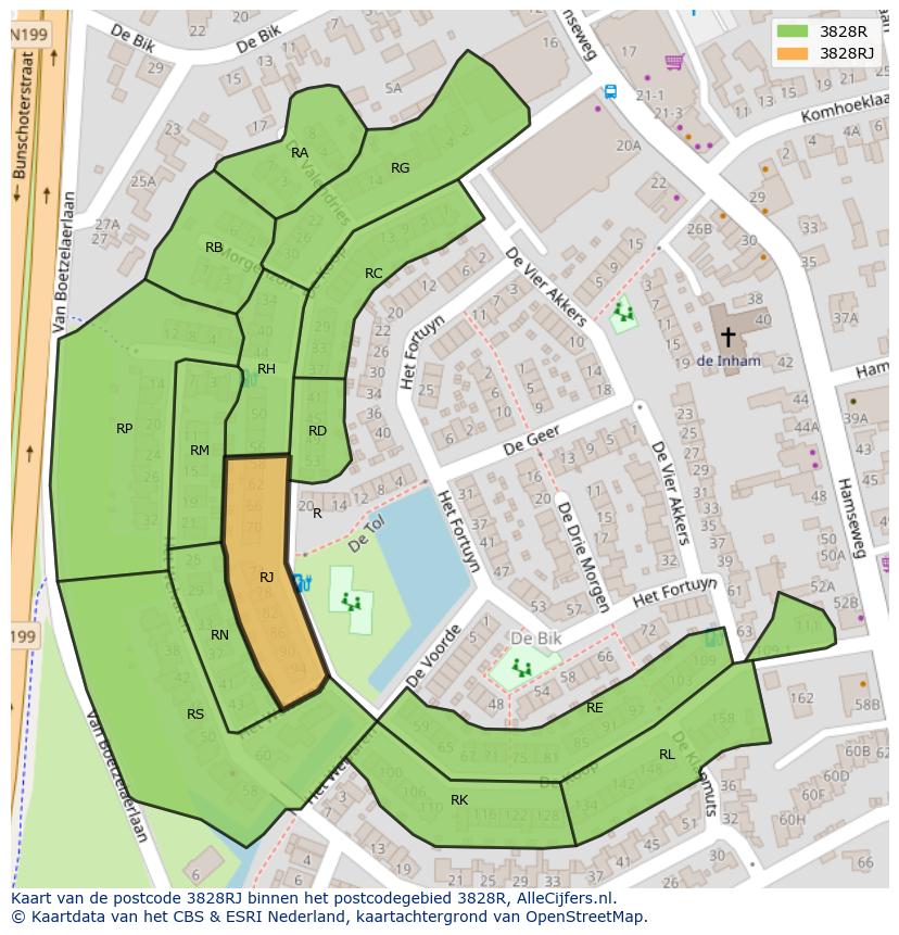 Afbeelding van het postcodegebied 3828 RJ op de kaart.