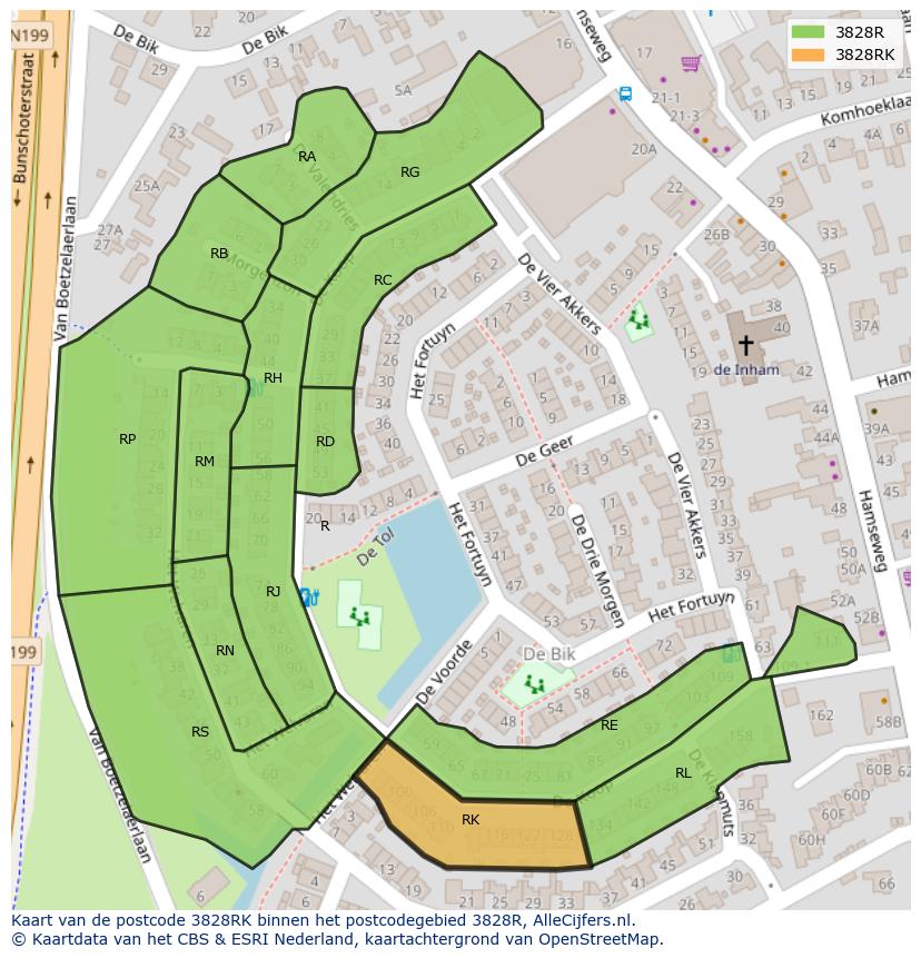 Afbeelding van het postcodegebied 3828 RK op de kaart.