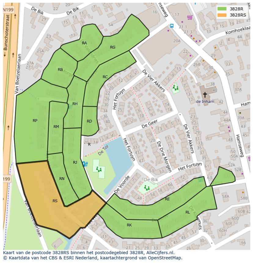 Afbeelding van het postcodegebied 3828 RS op de kaart.
