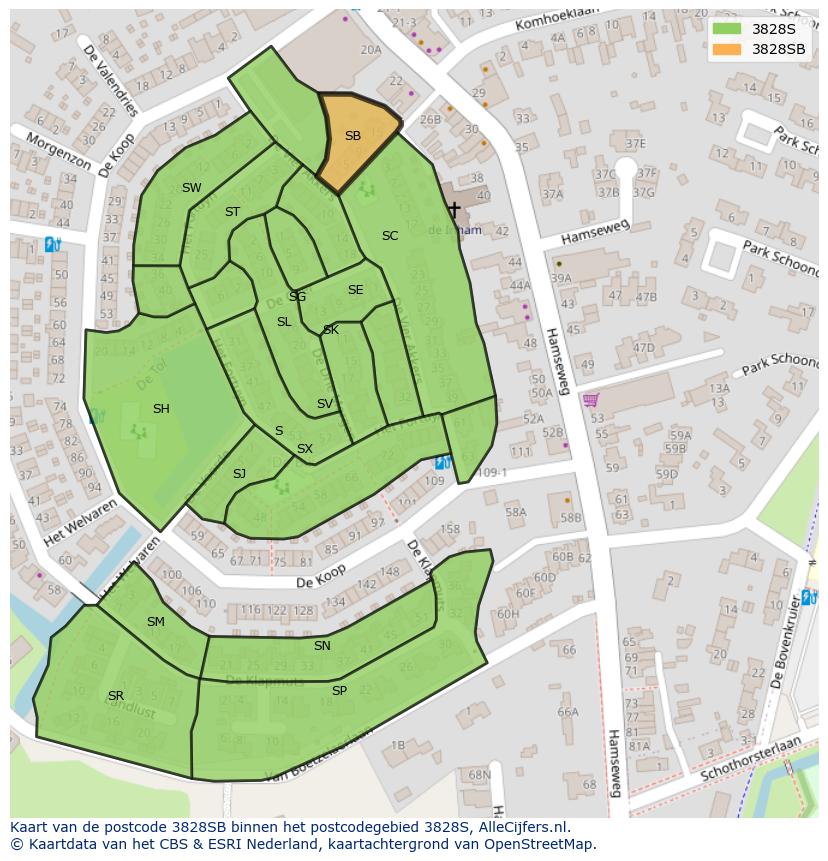 Afbeelding van het postcodegebied 3828 SB op de kaart.