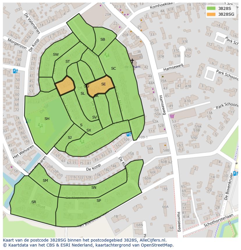 Afbeelding van het postcodegebied 3828 SG op de kaart.