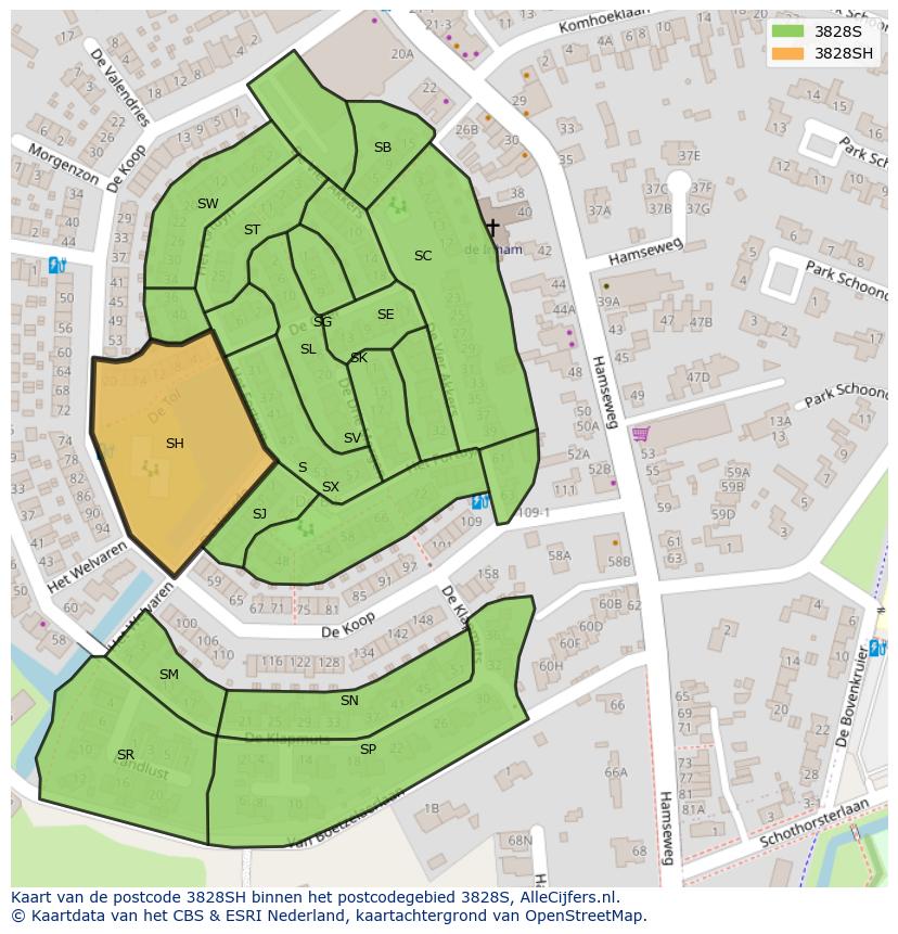 Afbeelding van het postcodegebied 3828 SH op de kaart.