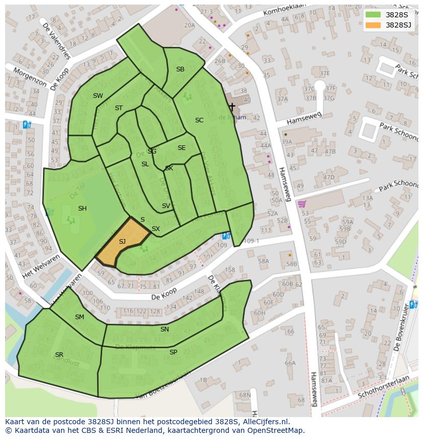 Afbeelding van het postcodegebied 3828 SJ op de kaart.