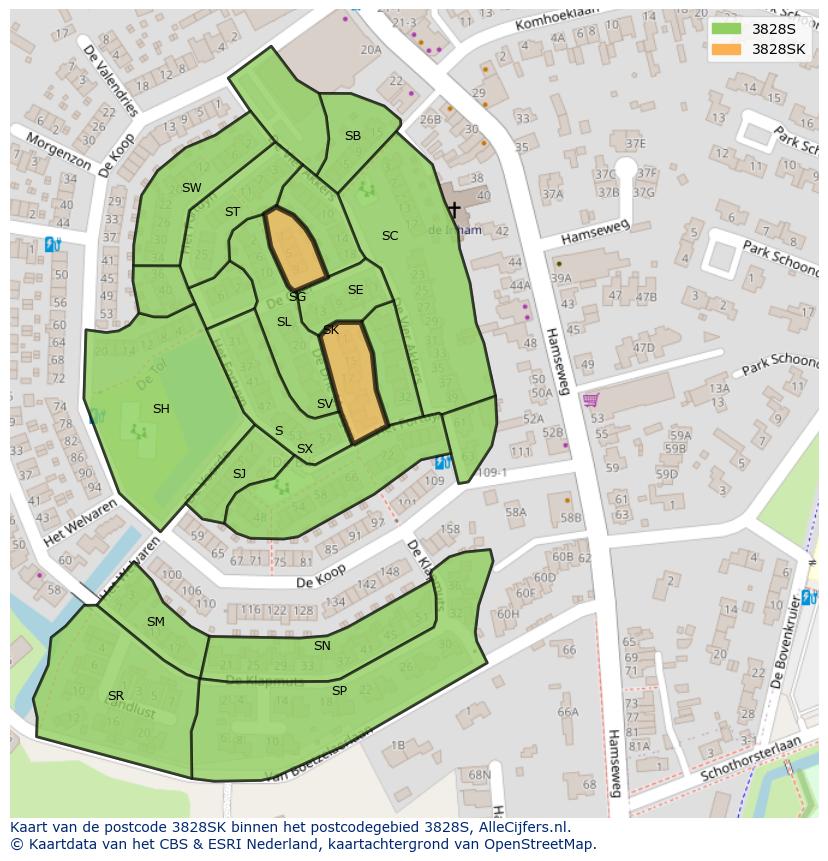 Afbeelding van het postcodegebied 3828 SK op de kaart.