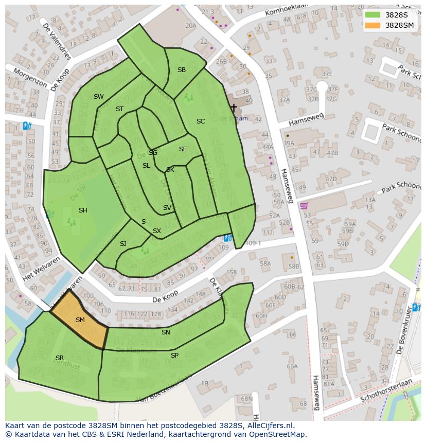Afbeelding van het postcodegebied 3828 SM op de kaart.