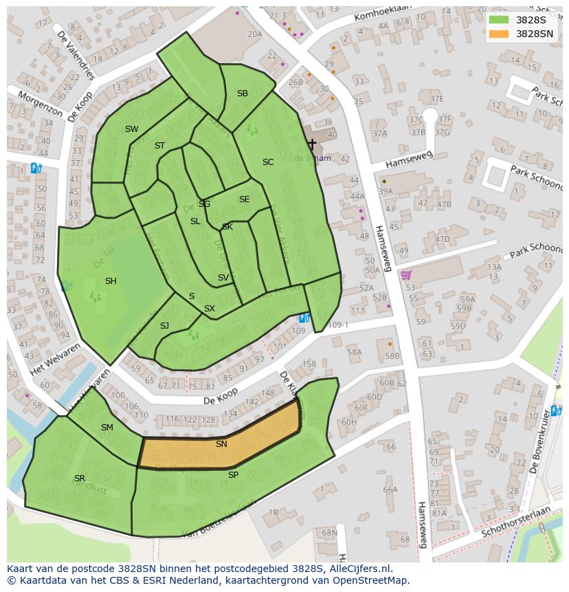 Afbeelding van het postcodegebied 3828 SN op de kaart.