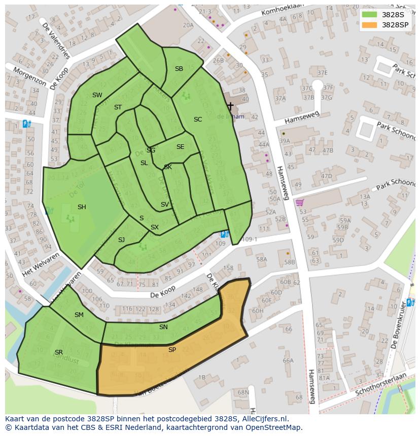 Afbeelding van het postcodegebied 3828 SP op de kaart.
