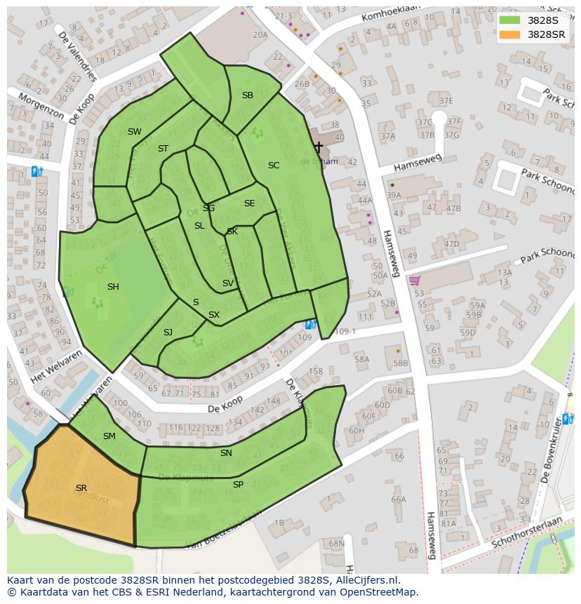 Afbeelding van het postcodegebied 3828 SR op de kaart.