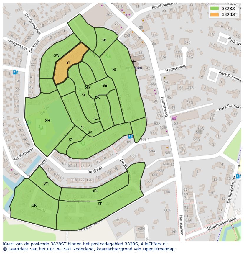Afbeelding van het postcodegebied 3828 ST op de kaart.