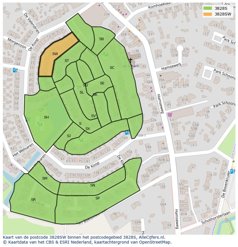 Afbeelding van het postcodegebied 3828 SW op de kaart.