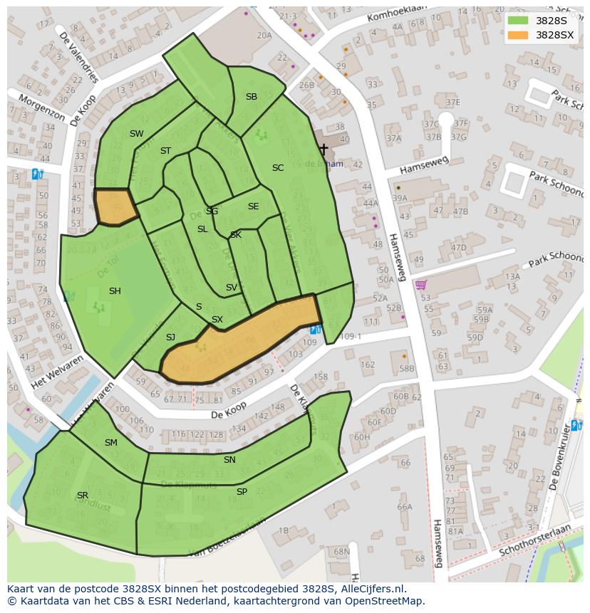 Afbeelding van het postcodegebied 3828 SX op de kaart.