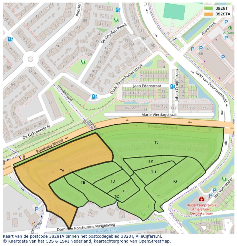 Afbeelding van het postcodegebied 3828 TA op de kaart.