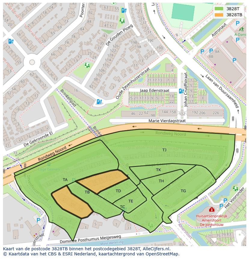 Afbeelding van het postcodegebied 3828 TB op de kaart.