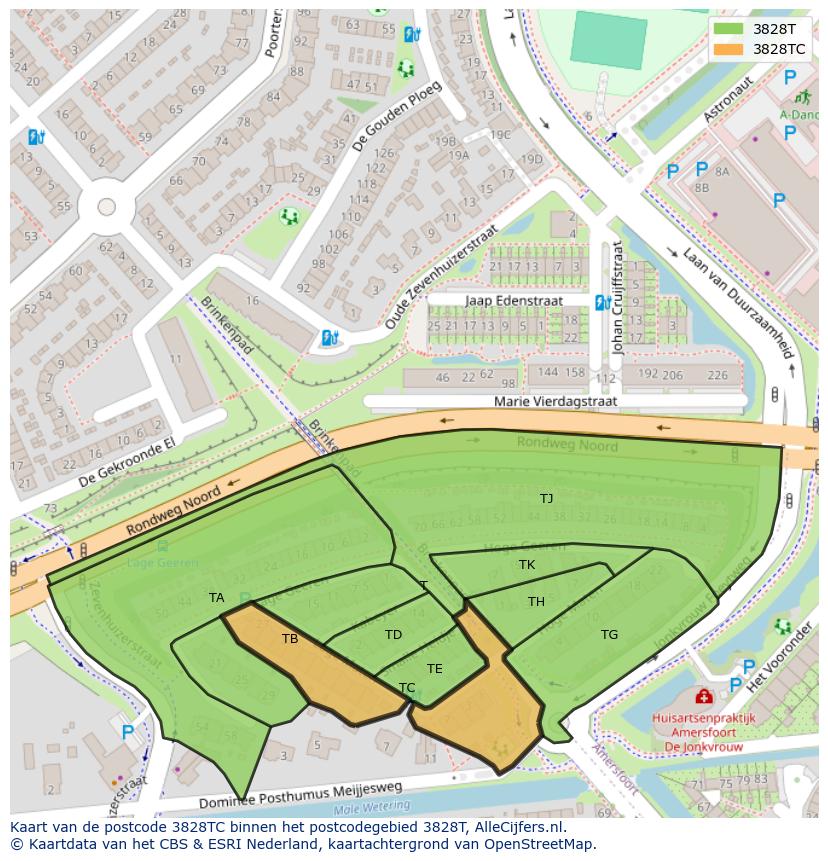 Afbeelding van het postcodegebied 3828 TC op de kaart.