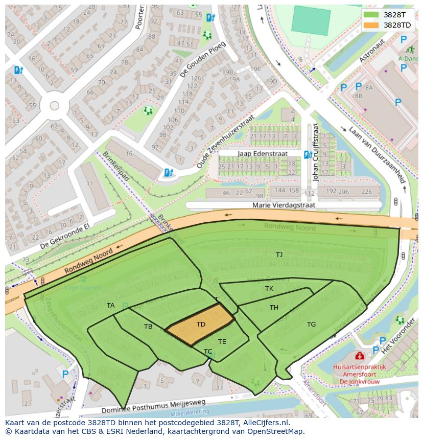 Afbeelding van het postcodegebied 3828 TD op de kaart.