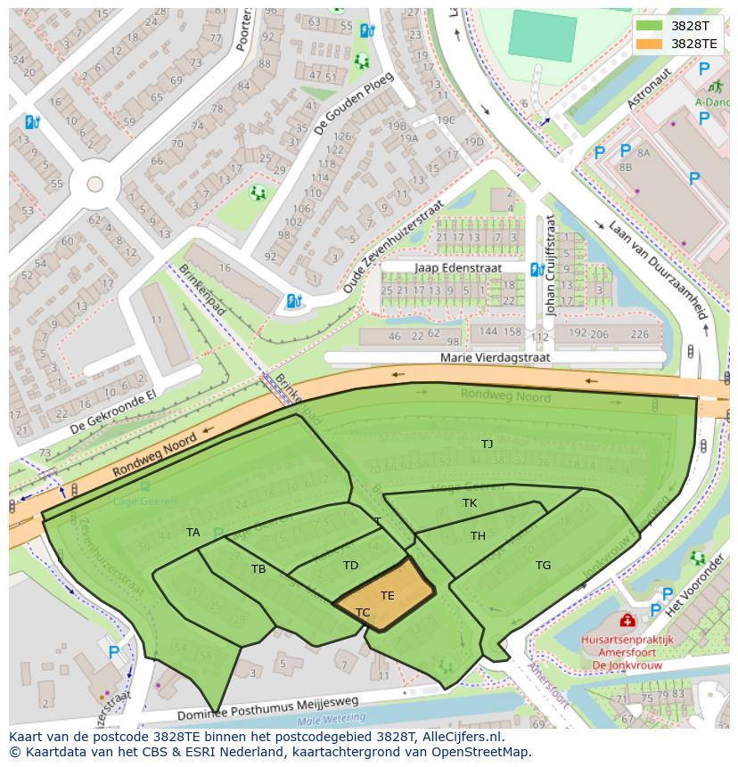 Afbeelding van het postcodegebied 3828 TE op de kaart.