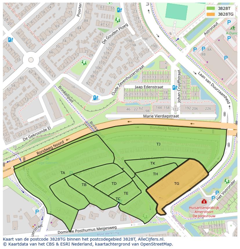 Afbeelding van het postcodegebied 3828 TG op de kaart.