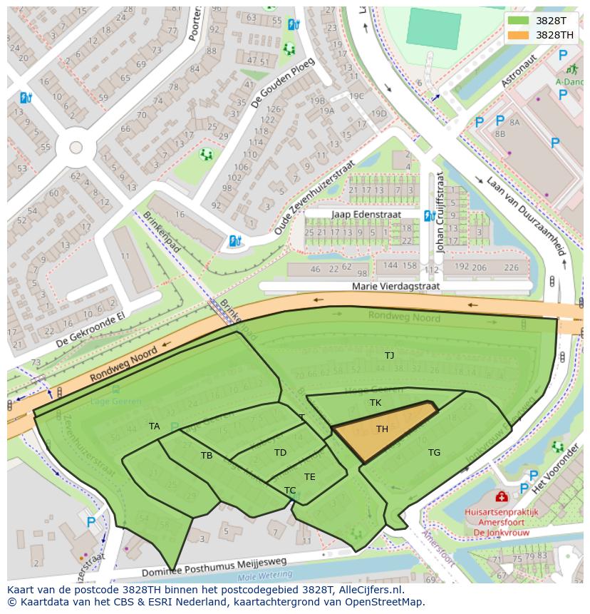 Afbeelding van het postcodegebied 3828 TH op de kaart.