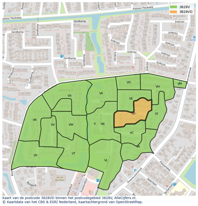 Afbeelding van het postcodegebied 3828 VD op de kaart.
