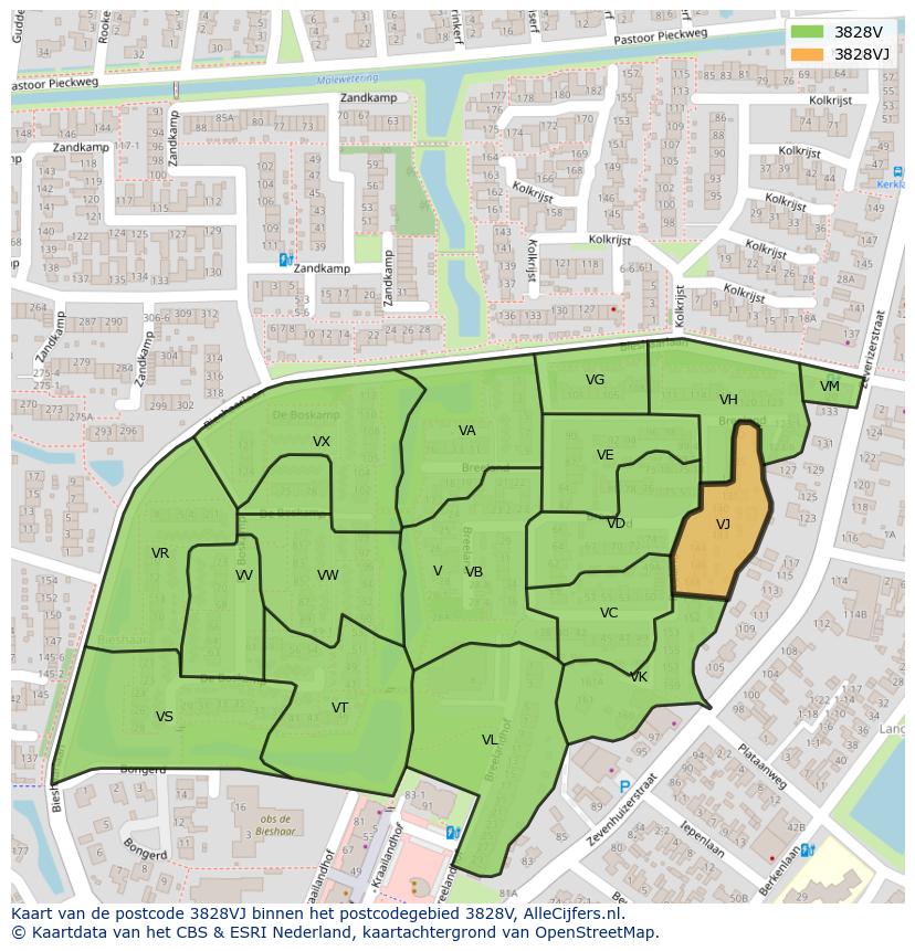 Afbeelding van het postcodegebied 3828 VJ op de kaart.