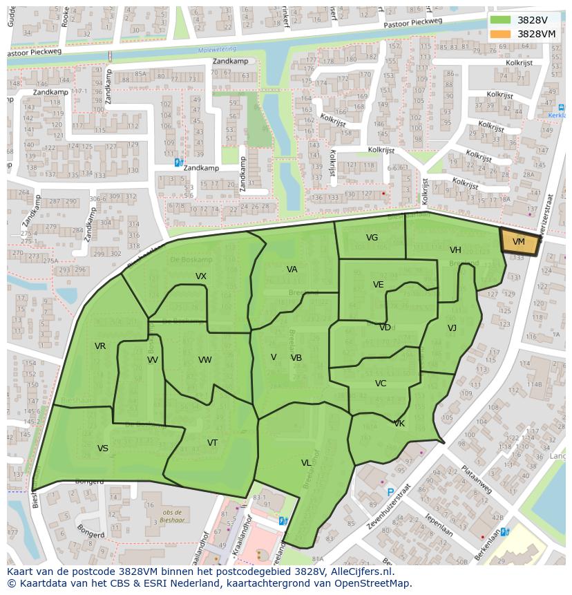 Afbeelding van het postcodegebied 3828 VM op de kaart.