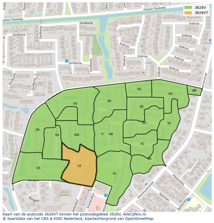 Afbeelding van het postcodegebied 3828 VT op de kaart.