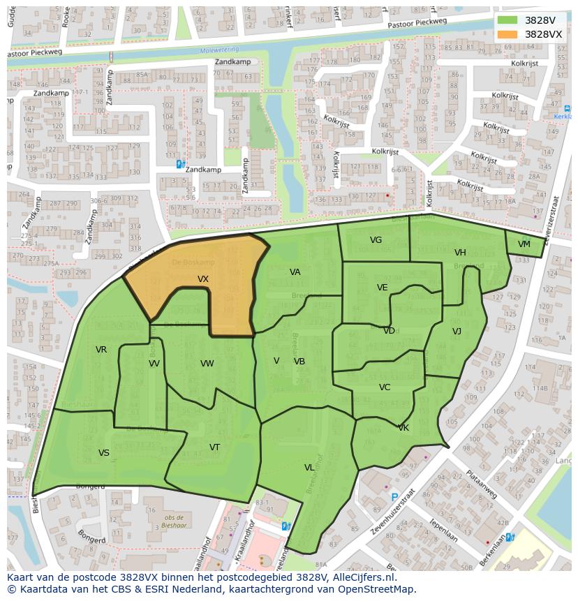 Afbeelding van het postcodegebied 3828 VX op de kaart.