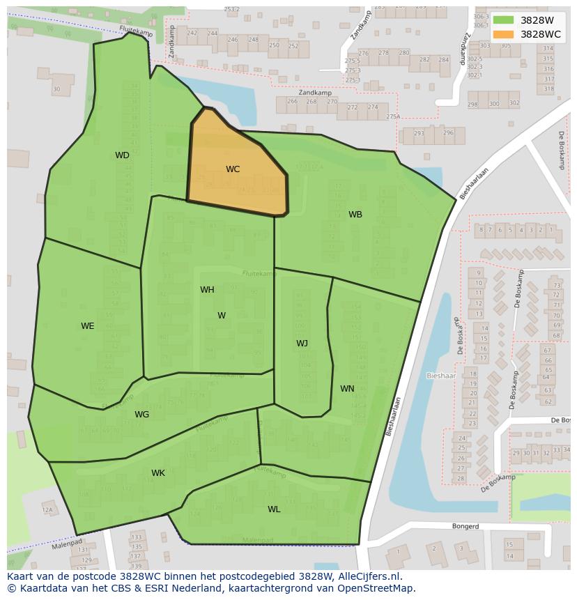 Afbeelding van het postcodegebied 3828 WC op de kaart.