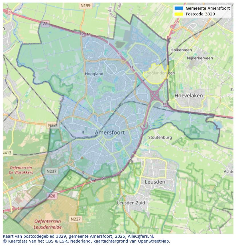 Afbeelding van het postcodegebied 3829 op de kaart.
