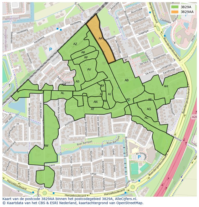Afbeelding van het postcodegebied 3829 AA op de kaart.