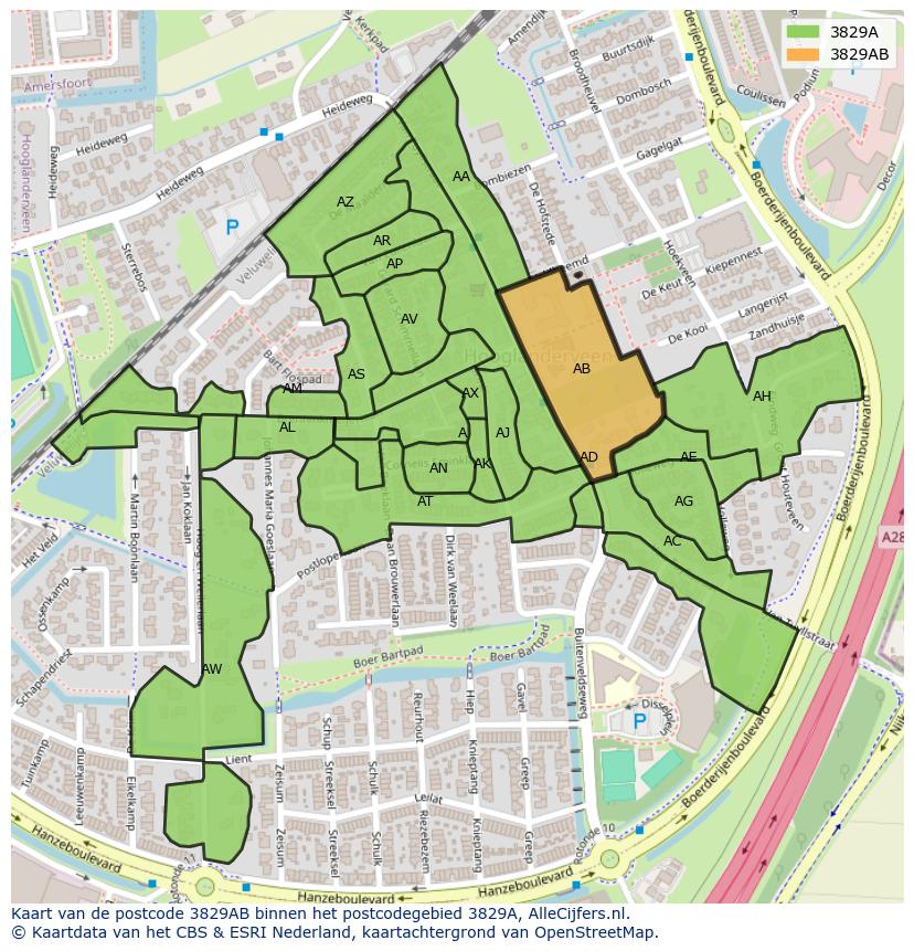 Afbeelding van het postcodegebied 3829 AB op de kaart.