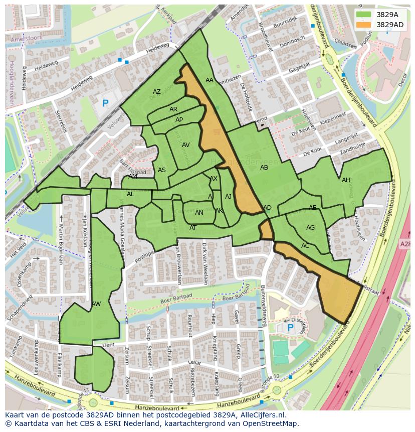 Afbeelding van het postcodegebied 3829 AD op de kaart.