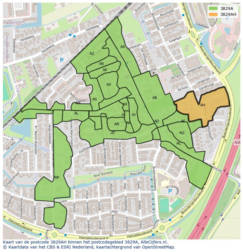 Afbeelding van het postcodegebied 3829 AH op de kaart.