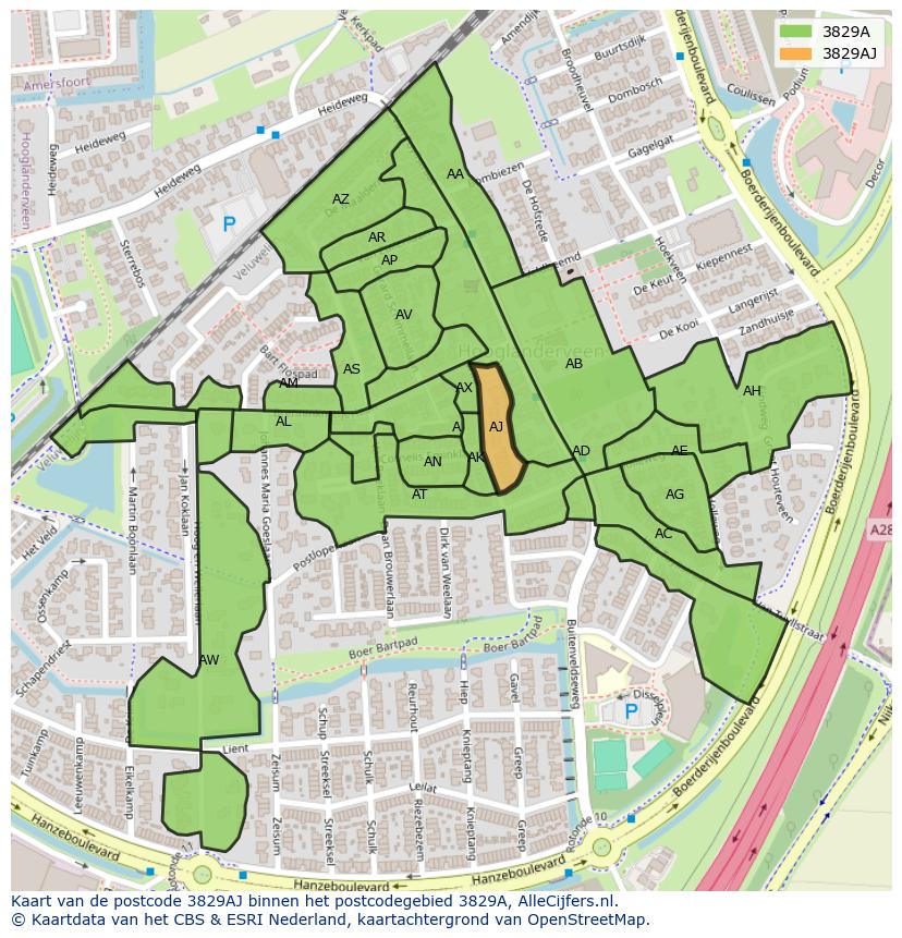 Afbeelding van het postcodegebied 3829 AJ op de kaart.