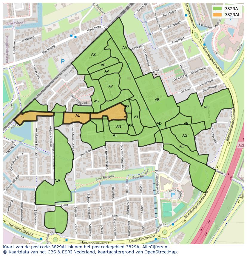 Afbeelding van het postcodegebied 3829 AL op de kaart.