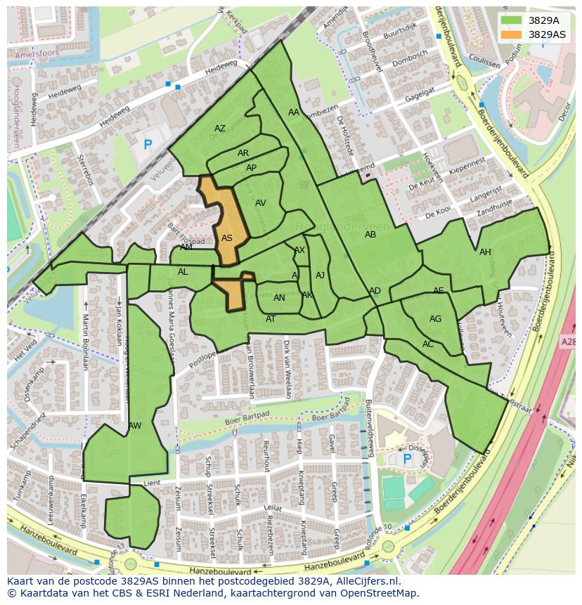 Afbeelding van het postcodegebied 3829 AS op de kaart.