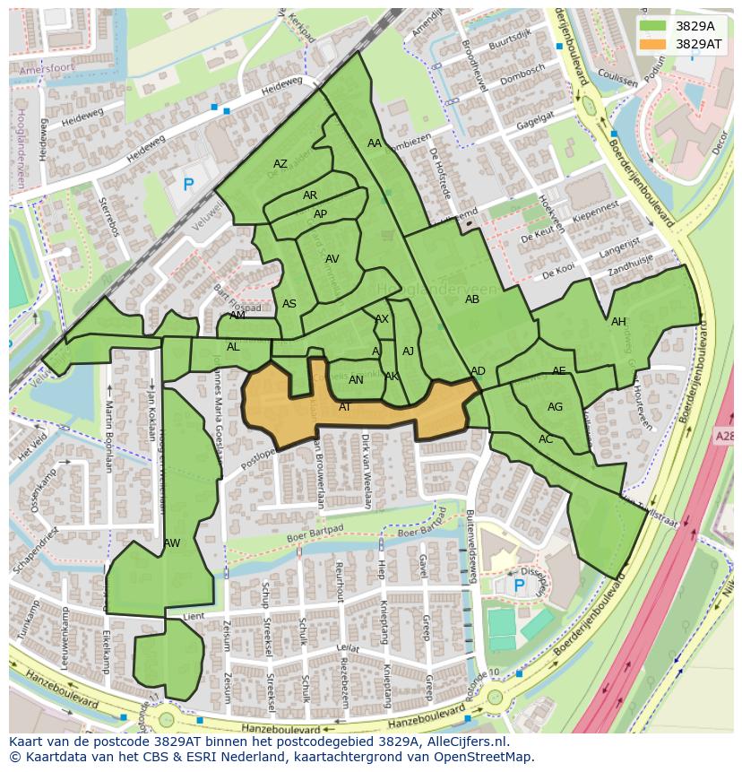 Afbeelding van het postcodegebied 3829 AT op de kaart.