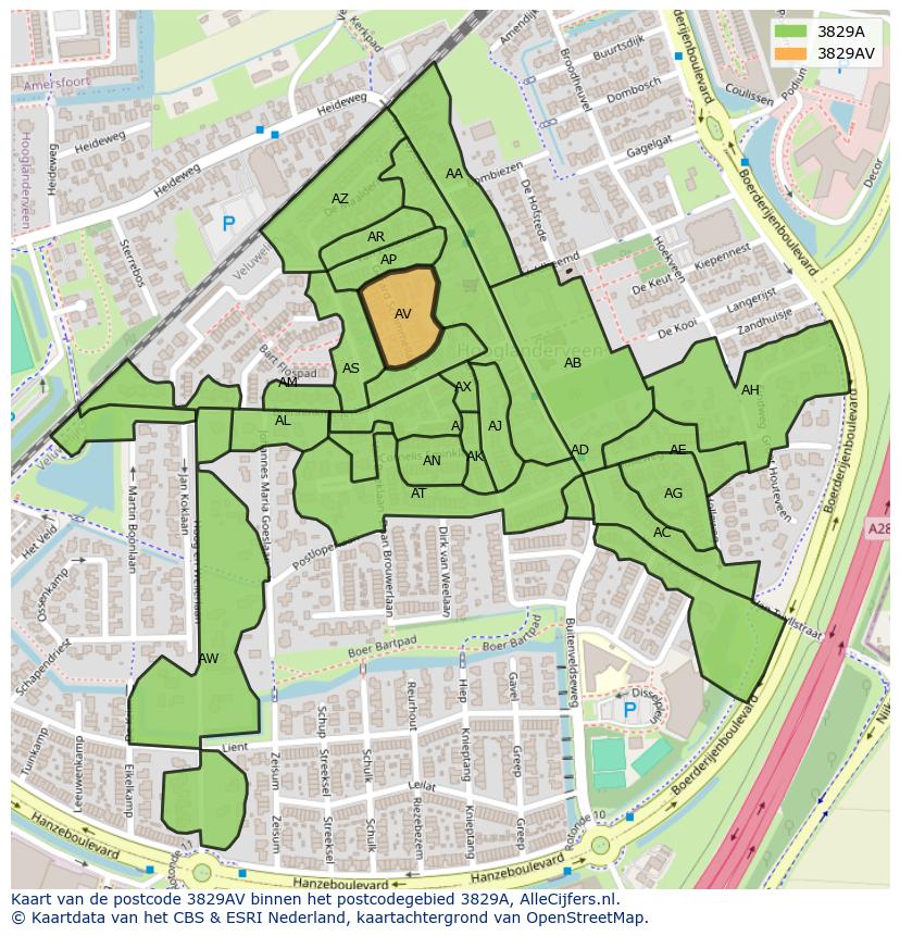 Afbeelding van het postcodegebied 3829 AV op de kaart.