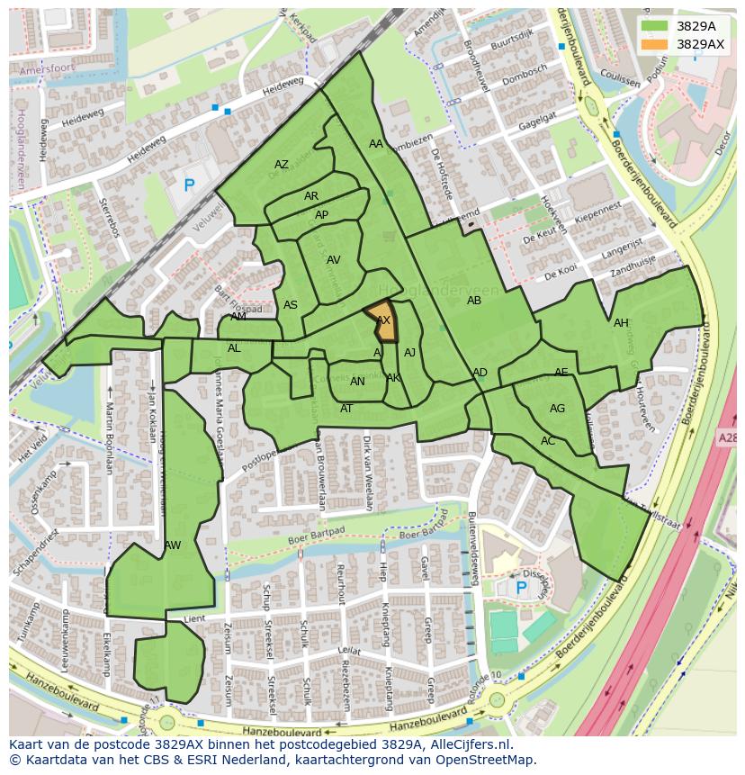 Afbeelding van het postcodegebied 3829 AX op de kaart.