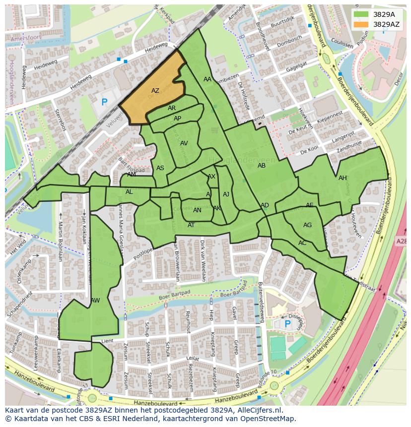Afbeelding van het postcodegebied 3829 AZ op de kaart.
