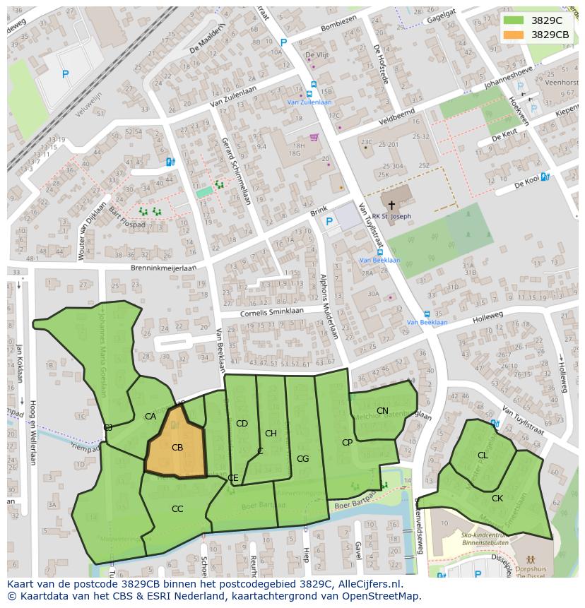 Afbeelding van het postcodegebied 3829 CB op de kaart.