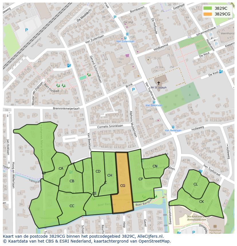 Afbeelding van het postcodegebied 3829 CG op de kaart.