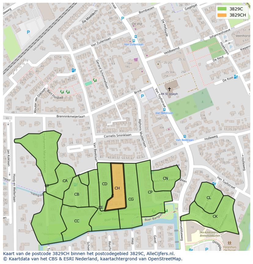 Afbeelding van het postcodegebied 3829 CH op de kaart.