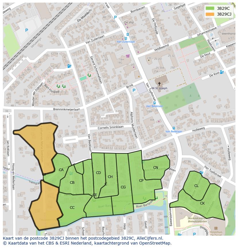 Afbeelding van het postcodegebied 3829 CJ op de kaart.