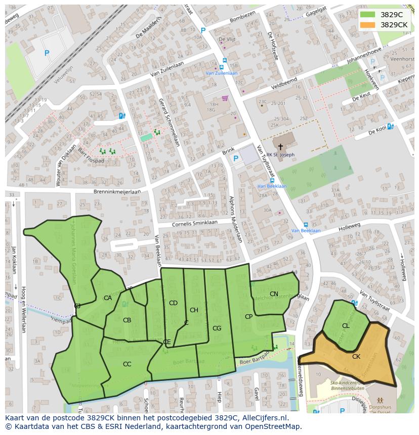 Afbeelding van het postcodegebied 3829 CK op de kaart.