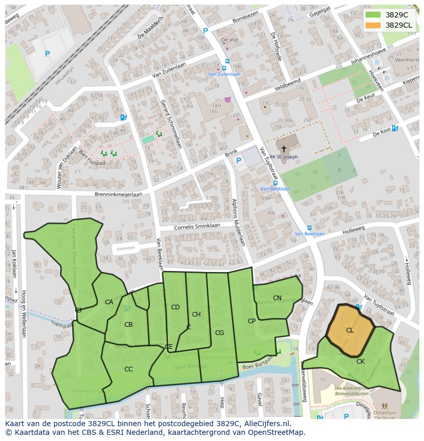 Afbeelding van het postcodegebied 3829 CL op de kaart.