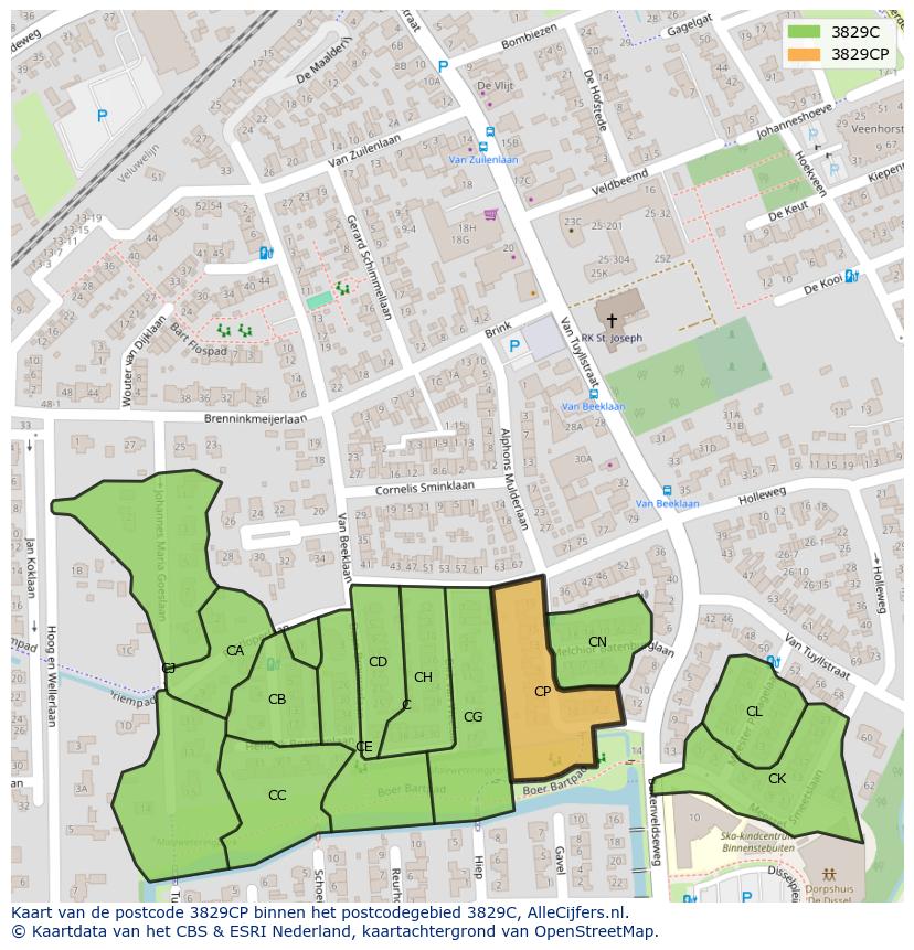 Afbeelding van het postcodegebied 3829 CP op de kaart.