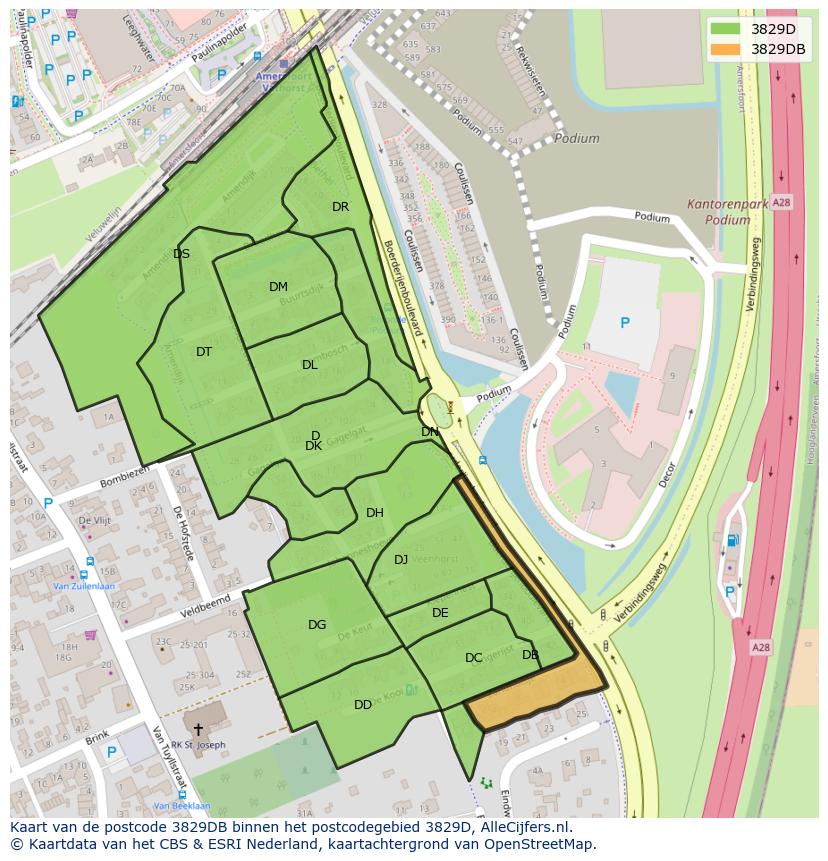 Afbeelding van het postcodegebied 3829 DB op de kaart.
